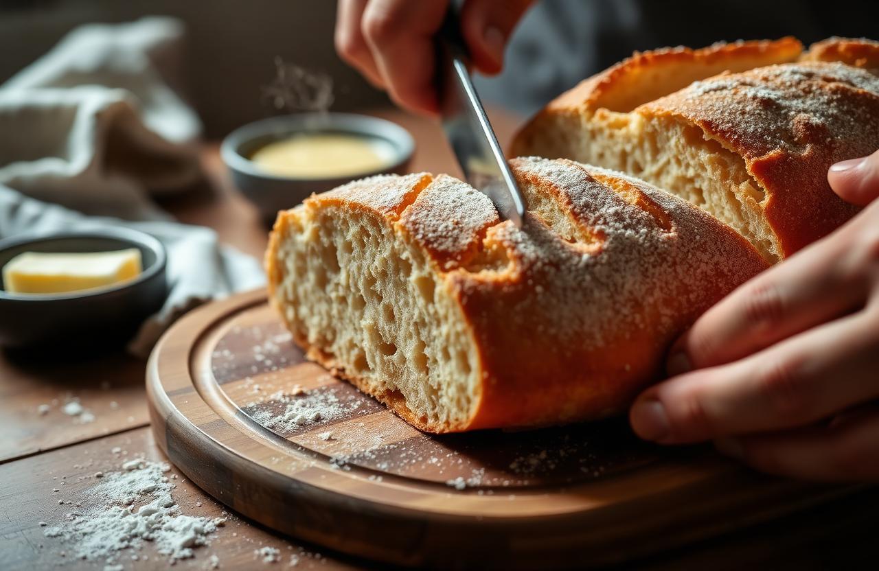 Fresh artisan bread sliced on a wooden board
