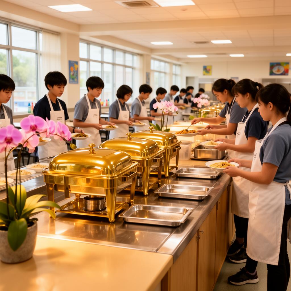 Cafeteria-style hot service line with gold-lidded warmers and decor