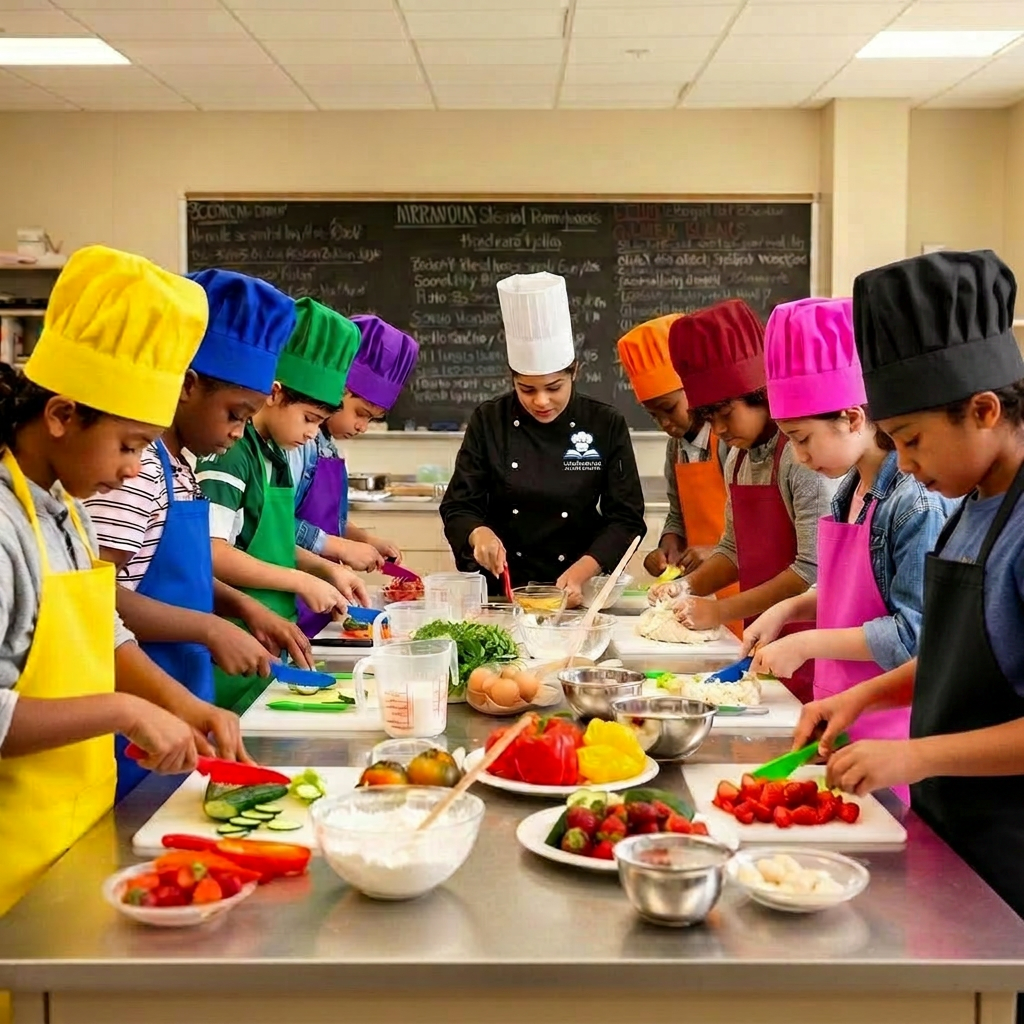Full class of diverse students in colored aprons and chef hats learning from a Latina chef instructor