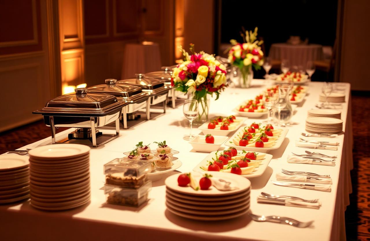 Elegant catering event setup with chafing dishes and floral centerpieces