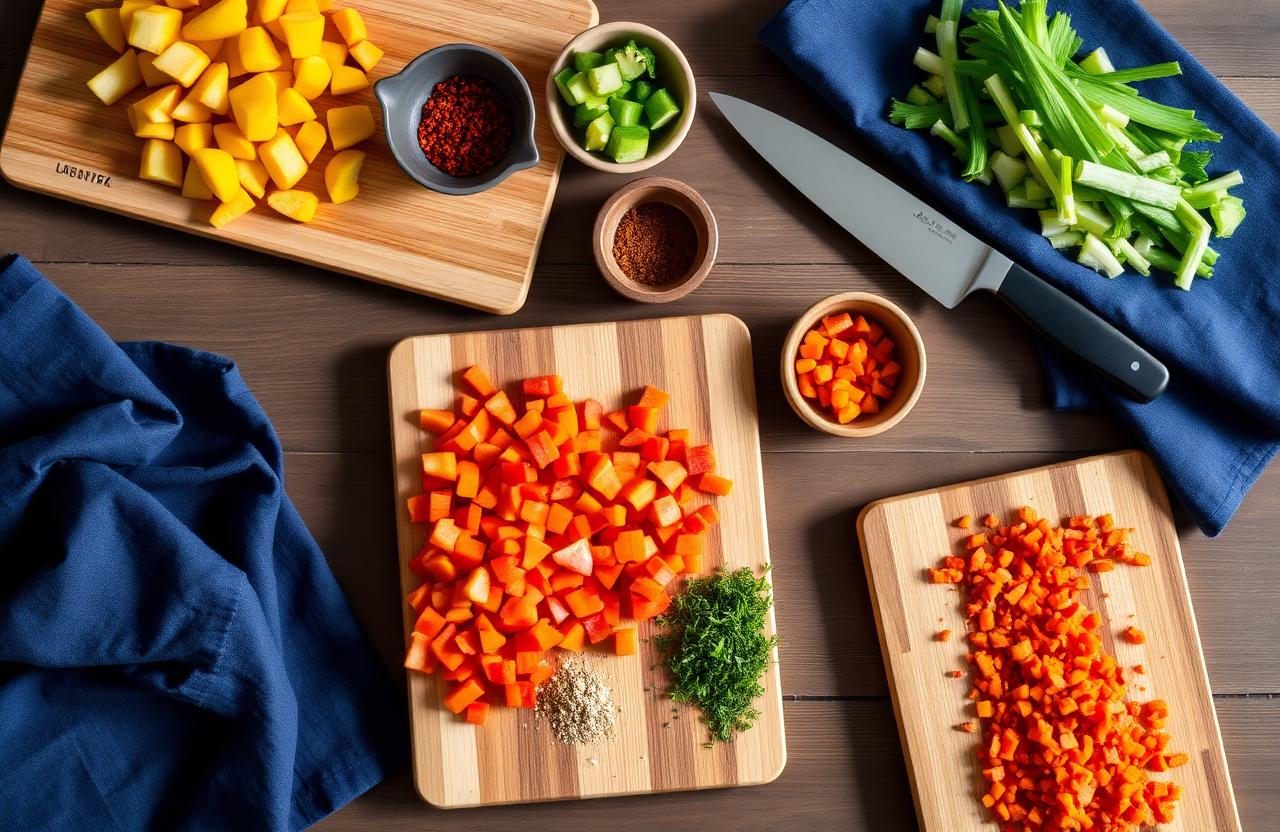 Mise en place: chopped vegetables and a chef's knife on cutting boards