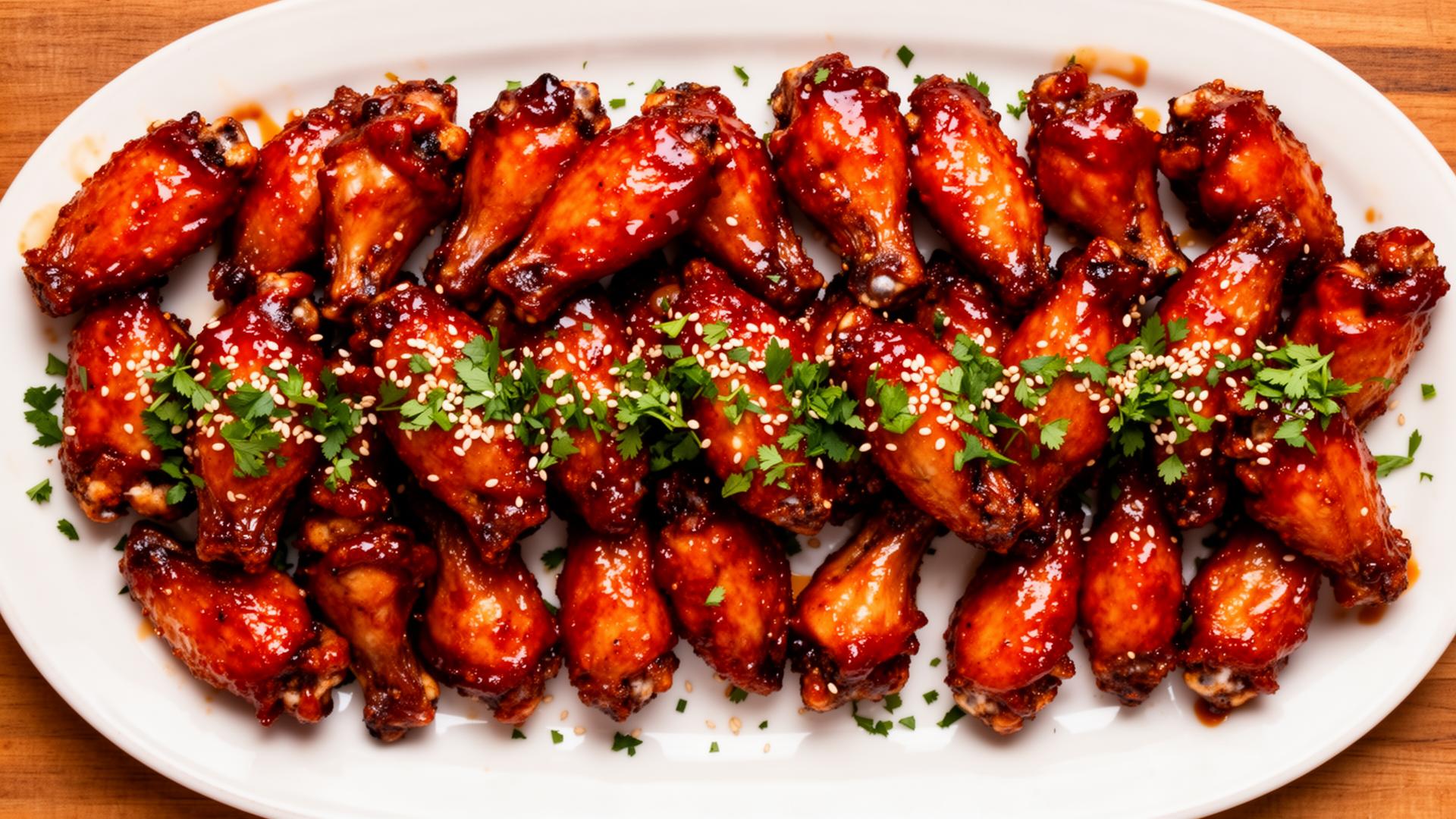 Platter of sticky glazed chicken wings with herbs and sesame